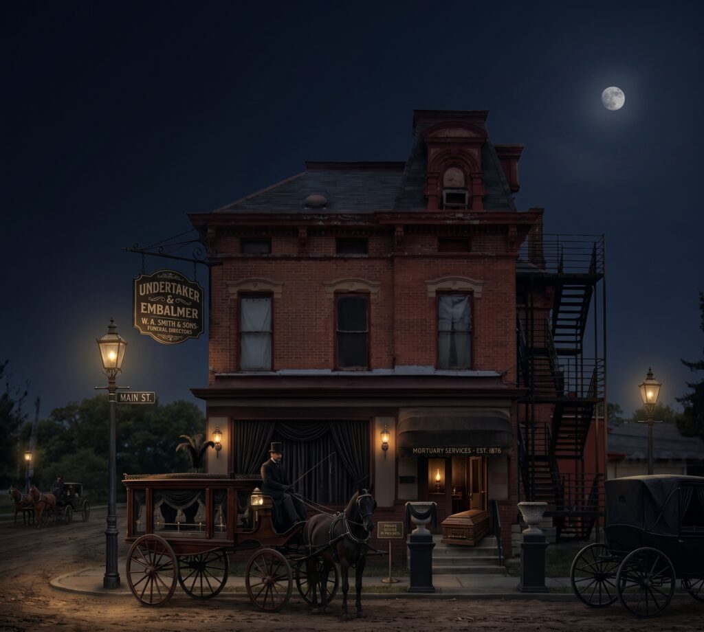 An artistic recreation of one of the funeral homes that the building now hosting the Greater Columbus Antique Mall used to feature.