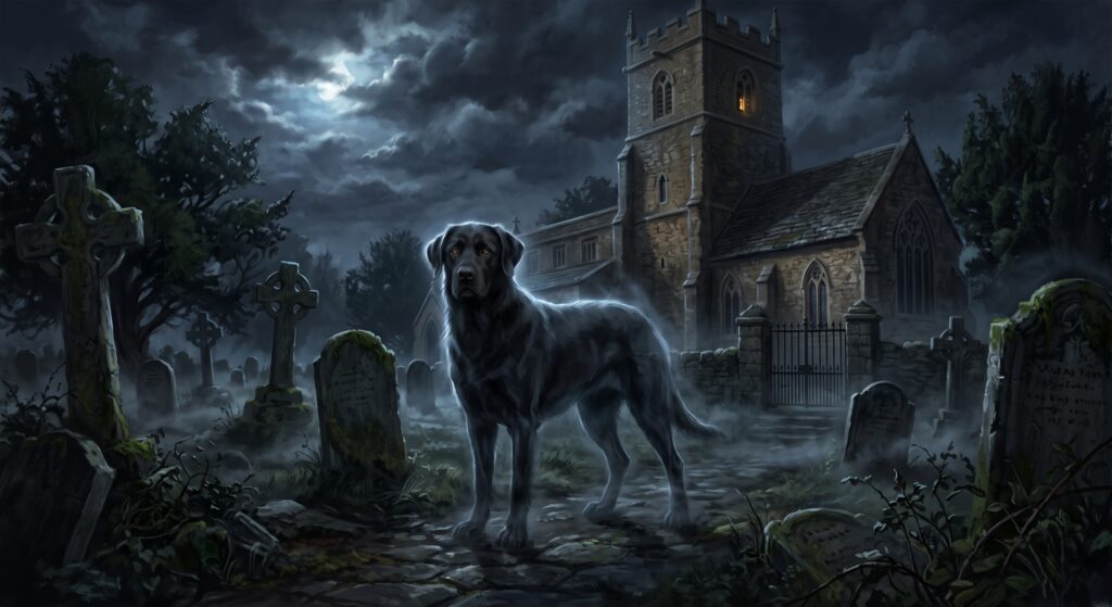 A ghostly black dog guards the graveyard of a nearby church.