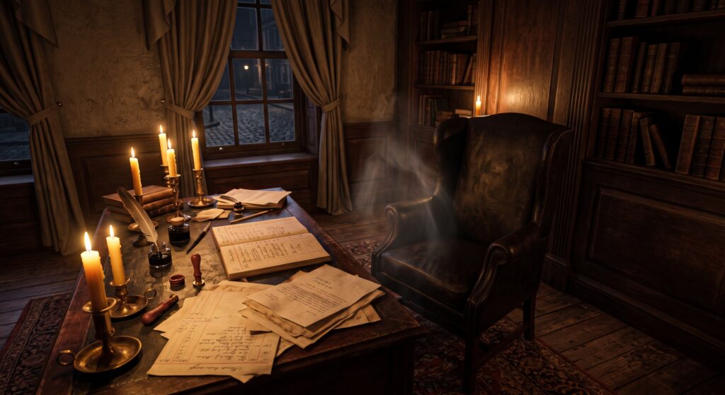 Hamilton's ghost still hard at work at a desk after midnight.