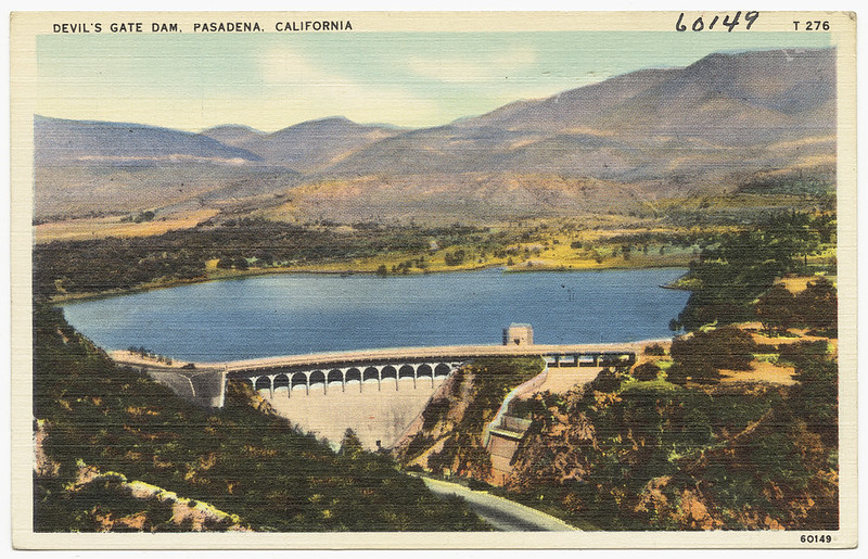 A postcard featuring Devil's Gate Dam in Pasadena, California.