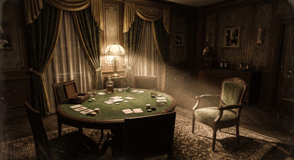 An empty card table sits in a hotel suite.