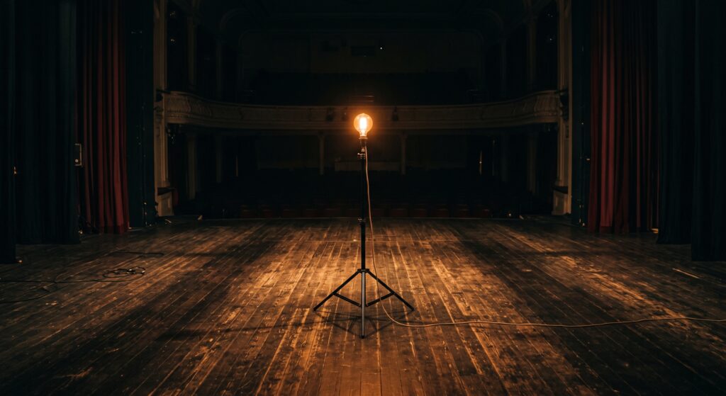 A single lightbulb keeps the stage safe, its a ghost light too.