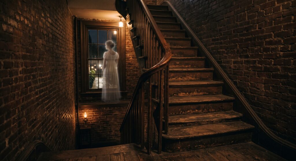 The ghost of Theodosia must be looking for her father out a window above some stairs.