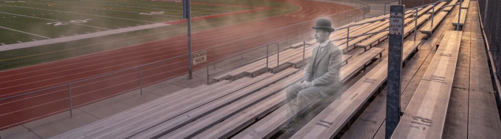 The ghost of a man in a Bowler hat is watching an event on the football field in Kingman, Arizona.