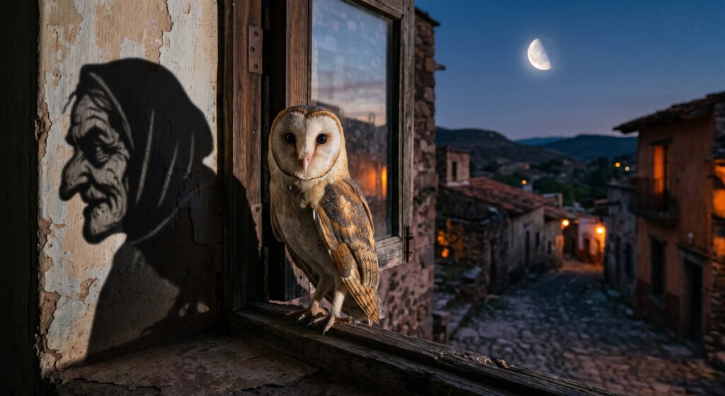 The barn owl sits in a window and casts the shadow of an old woman who pledged to come back.