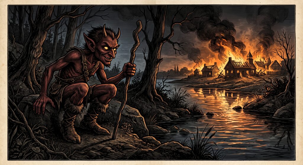 The Nain Rouge sits on the river bank after dancing during the Battle of Bloody Run.