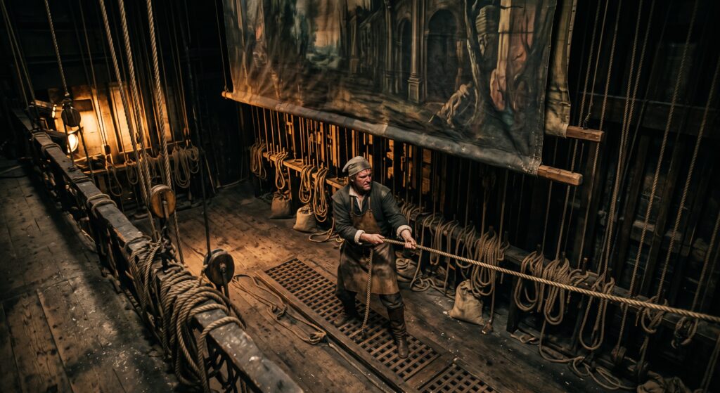 An old sailor working the rigging backstage.