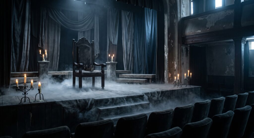 Dense fog poors over the stage at an empty playhouse.