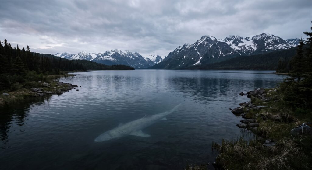 A sleeper shark glides up from the depths to visit the surface of one of Alaska's ocean-connected lakes.