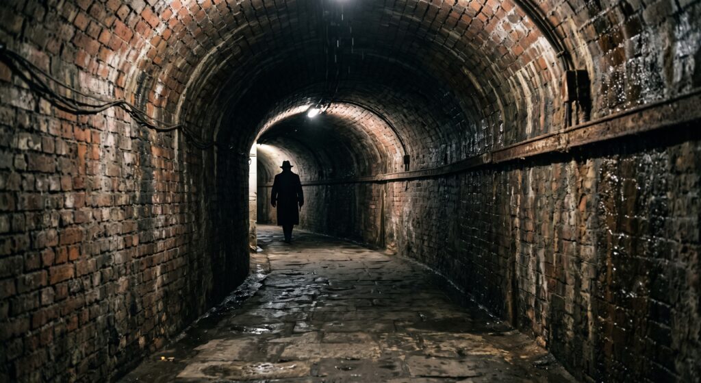 A utility tunnel with a mysterious figure. Maybe it connects the bar to the Ohio Statehouse?