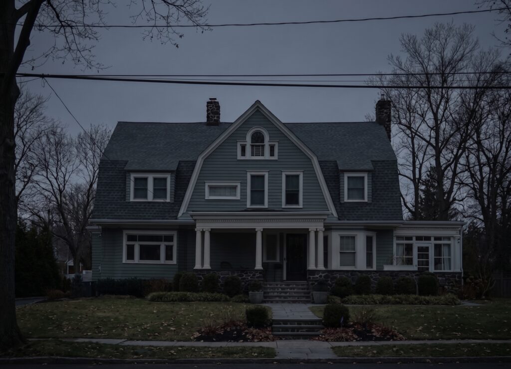 The watcher house in New Jersey just after dusk.