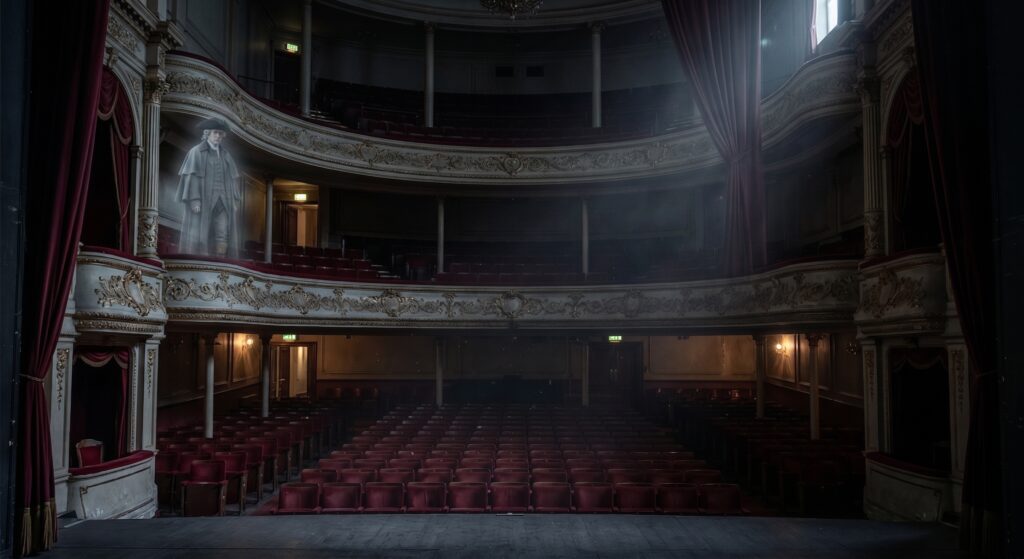 A ghost in gray 18th century dress stands at the front of the balcony in a dark theatre on London's west end.