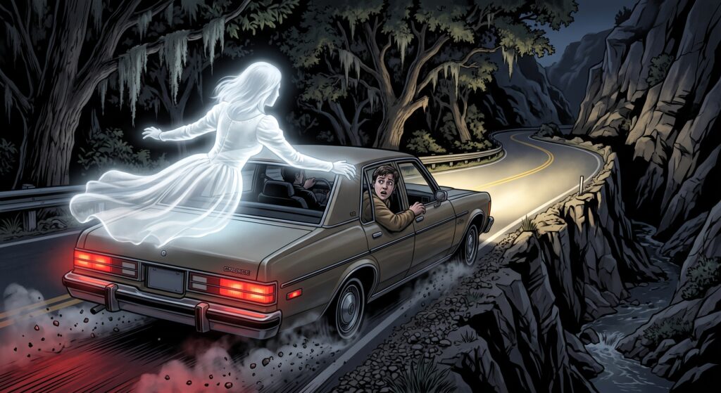 The white witch follows a car in Niles Canyon, California.